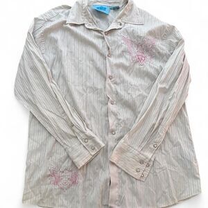 Y2K Cream Striped Button-up Shirt with Pink Embroidered Details